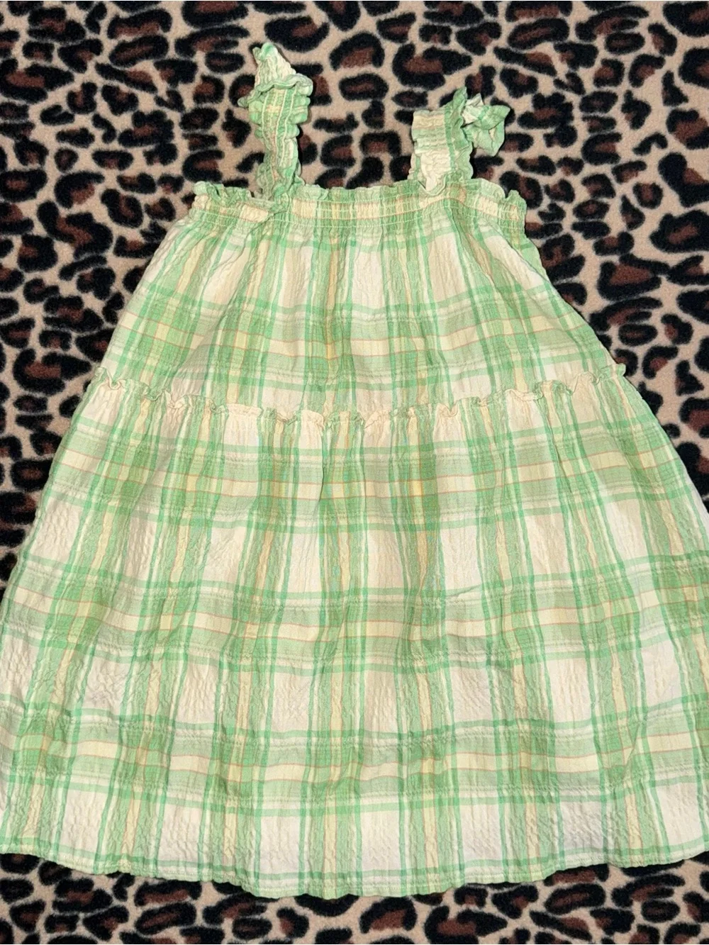2000s whimsical green plaid KIDS mini dress with ruffle straps and smocked waist